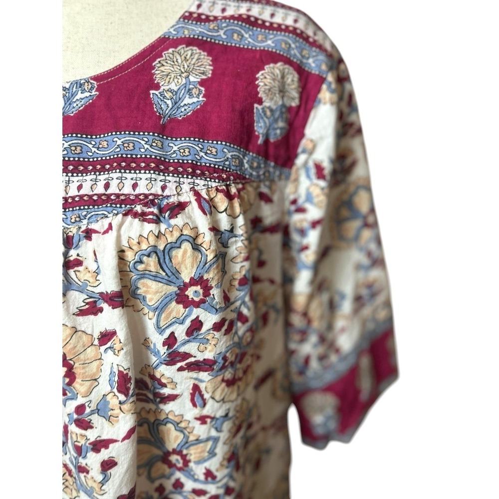 Vermont Country Store Cotton Block Stamp Floral Top Large Muumuu Shirt Country